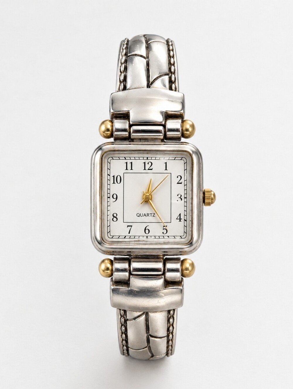 Accutime 6209 Silver Tone Cuff Style Quartz Watch Gold Accents
